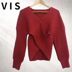 ヴィス　赤　リブ編み　カシュクールニット　　 袖口切り替え　レディース　フリー