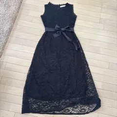 黒 レース マキシドレス ウエストリボン付き