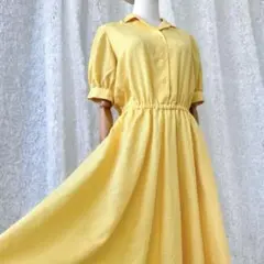 イエローワンピース オープンカラー　半袖 シャツワンピ レトロヴィンテージ