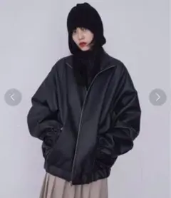 feketeスタンドネックレザーブルゾン