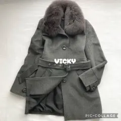 ビッキー グレー ファー付ウールコート ベルト付き アンゴラ混 ブルーフォックス