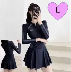 水着 L フィットネス ワンピース 長袖 体型カバー 黒 スポーティ プール