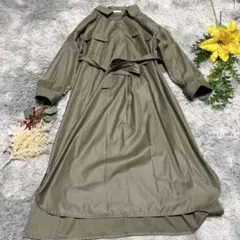 DouDou ドゥドゥ ベルト付 シャツワンピース ロング丈 オリーブ カーキ