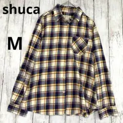 【シュカ】長袖チェック柄シャツ ネイビー×イエローM やわらか　カジュアル