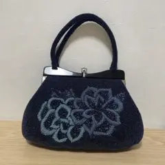 ビーズ刺繍 花柄 ネイビー ハンドバッグ