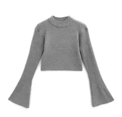 グレー リブ編み フレアスリーブ ニット