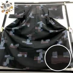 MK-1352 夏着物 紬 四角模様 黒色