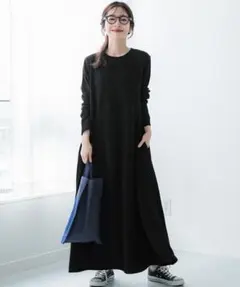 coca エンボス Aライン 長袖 ワンピース ブラック