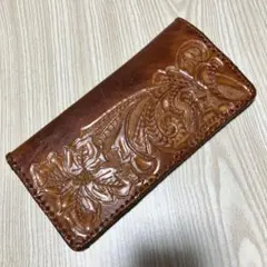長財布 カービング ハンドメイド ロングウォレット ブラウン 茶色