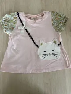 猫の顔刺繍付きピンクTシャツ