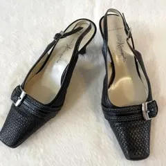 美品✨ 銀座かねまつ 23cm サンダル 編み込み スリングバック バックル 黒のサムネイル