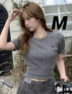 グレー 半袖ニット リブ編み ポロシャツ風ニット　半袖韓国トップスM Shein