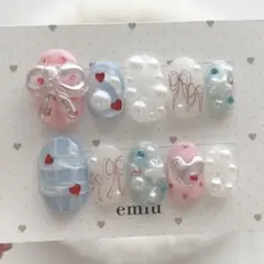 ネイルチップ 韓国 個性派 リボン ケーキ シルバー 現品