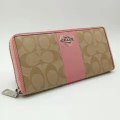 【美品】COACHコーチ　シグネチャー　ラウンドファスナー　長財布　ピンク