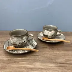 D-4 昭和レトロ 味わい深い和陶器 カップ ソーサー 2客セット 木製スプーン