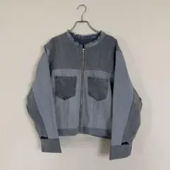 リメイク デニムジャケット パッチワーク ツイード切替　大きいサイズ リメイク パッチワーク デニム×ツイード切り替えジャケット 大きい