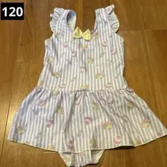 水着　女の子　120㎝　紫色　フリル　ワンピース　貝がら　ストライプ　パープル