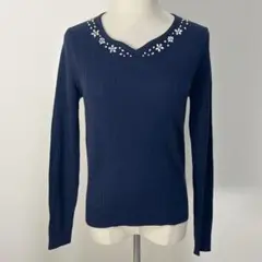 しまむら HEALTHY KAREN ビジュー Vネックリブニット ネイビー M