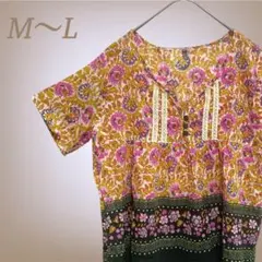 花柄 インド綿 コットン100% 半袖 チュニック ゆったり ナチュラル M~Ｌ