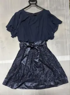 ネイビー 膝丈ワンピース　パーティードレス シフォンとレース