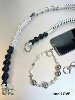 スマホショルダーストラップ♡#103♡パール＆シルバーパーツハンドストラップ♡