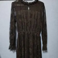 ブラック 黒 レース 長袖ひざ丈ワンピース GLR