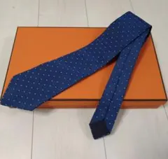 エルメス　ネクタイ　高級シルク　H柄　ネイビーブルー