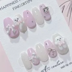 現品ネイルチップ୨୧プードル×リボン♡ドット♡量産型ワンホン韓国スナ系