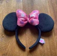 【美品】ディズニー　ミニー　カチューシャ スパンコールリボン　ピンク