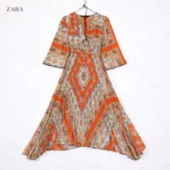 美品✨️Zara ペイズリー ダマスカス プリーツ ベルテッドワンピース Ｌ