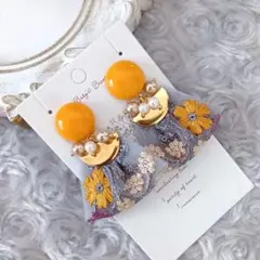 インド刺繍リボン イエロー 黄色 花柄 タッセルイヤリング 金具変更可 大ぶり