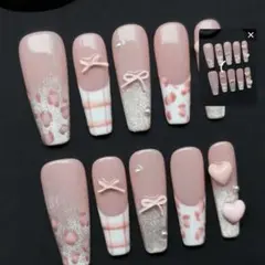 SHEIN ネイルチップ バレンタイン XS ヒョウ柄 ピンク リボン