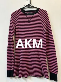 AKM ピンクと黒のストライプ 七分袖カットソー