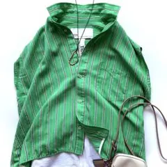 美品 GANNI ガニー 裾リボン グリーンストライプ 短丈 長袖シャツ 緑 
