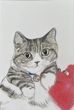 色鉛筆画　原画　猫の絵　イラスト　遊び疲れたんにゃ。ドヤ猫　名前はドヤにゃ。