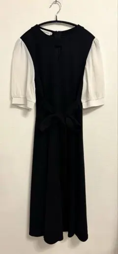 バイカラー半袖ワンピース シフォン袖 ウエストリボン 上品 黒白 きれいめ