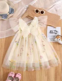 【美品】クリーム色 蝶デザインドレス 花柄刺繍 104〜110cm