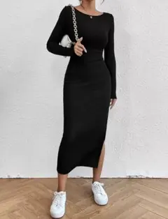 リブニットスリットワンピースblack■送料無料