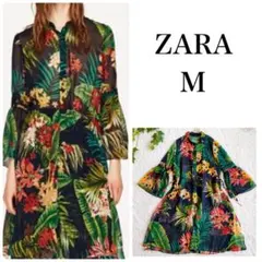 ZARA ザラ ボタニカルシアーシャツワンピース M ロングシャツ 黒 ブラック
