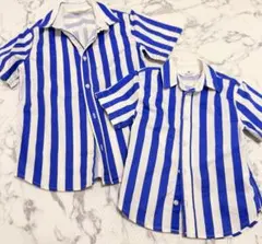 H&M 青と白のストライプ 半袖シャツ 128と92