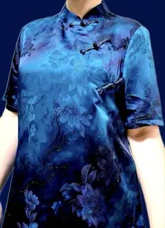 【高級シルク】ブルーチャイナ服 ロングブラウス 光沢感 涼やかエレガント 値下げ