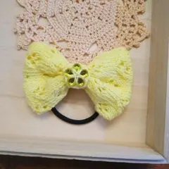 フラワービジュー透かし模様リボンヘアゴム☆イエロー
