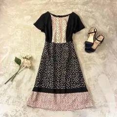 A251◾︎ ローラアシュレイ ドット柄Aラインワンピース バイカラー 春夏