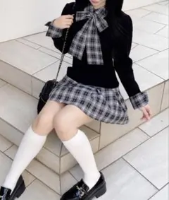 チェック柄ボウタイシャツドッキングニットワンピース