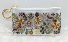 フラットポーチМサイズ　インド刺繍リボン×合皮　12cmファスナー