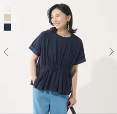 【ケユカ】ウエストギャザー 半袖カットソー ネイビー