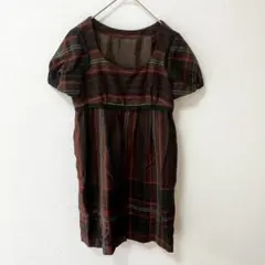 【レイビームス】チュニックワンピース チェック柄 ブラウン 半袖 パフスリーブ