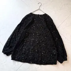 新品タグ付き セオリーリュクス リーフ柄アイレットレースブラウス 黒