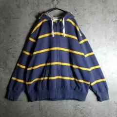US古着 ジップパーカー ネイビー×イエロー ボーダー フルジップ XL