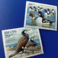 外国切手 アイスランド 1996年 水鳥 キタホオジロガモ カワウ 2枚セット